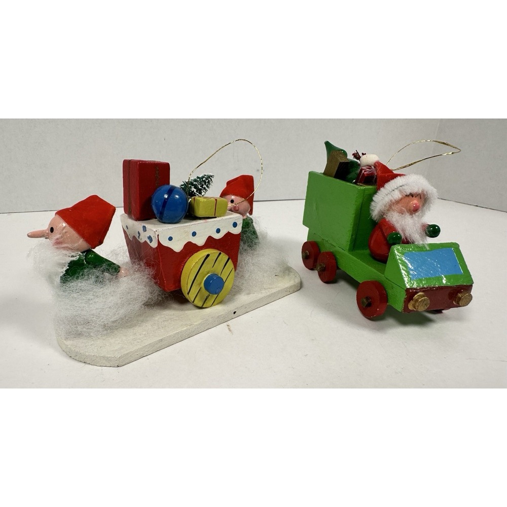 Vtg Wooden Painted Christmas Ornament Pair Elves Santa Sleigh 70's japan